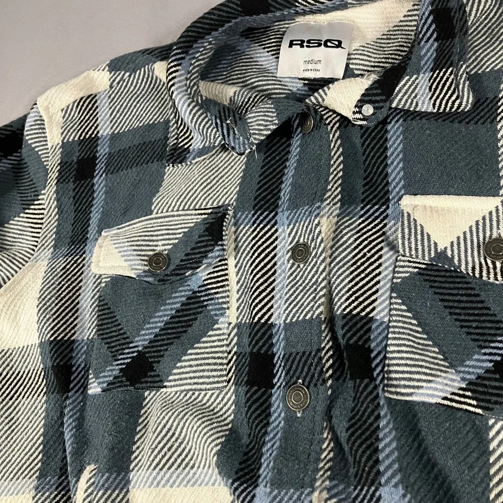 RSQ Mens Blue Black White Plaid Flannel Shirt Jacket Shacket Medium